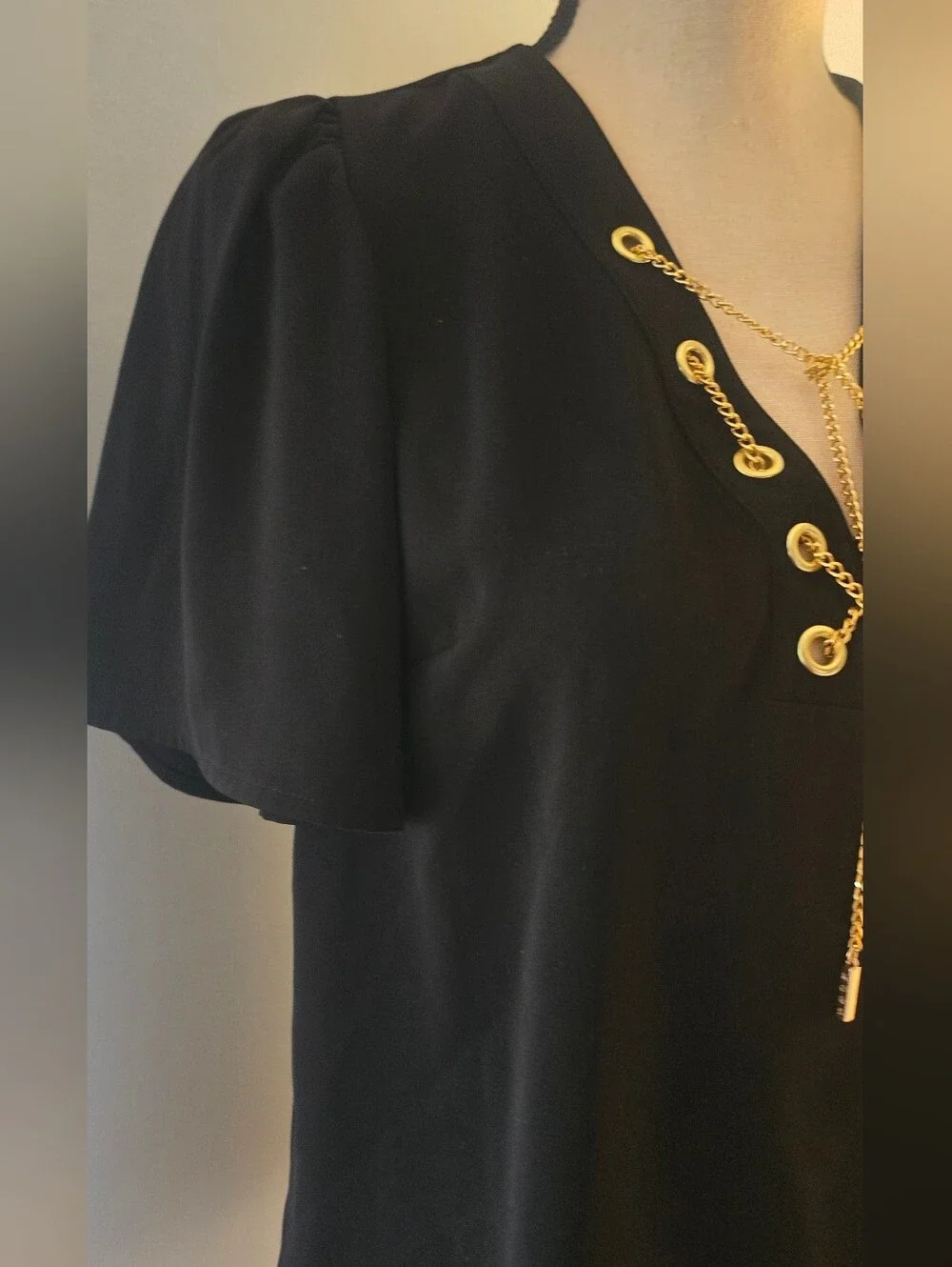 Michael Kors Black Blouse with Gold Chain Detail